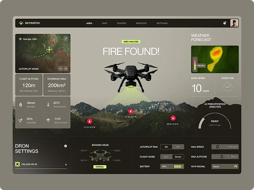 Drone control interface showing fire detected, weather forecast, flight data, and autopilot settings.