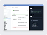 User interface showing billing info form on left with dark-themed code editor on right.