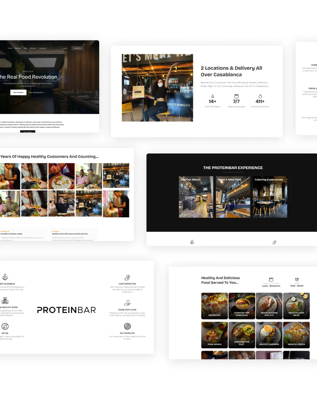 Collage of Proteinbar website sections showing healthy food, locations, menu, and customer photos.