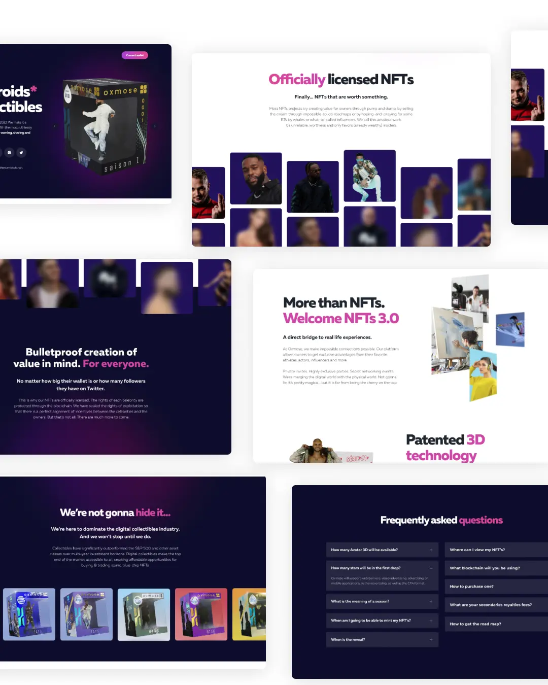 Website layout showcasing officially licensed NFTs, 3D avatars, NFT 3.0 experiences, and FAQ about digital collectibles.