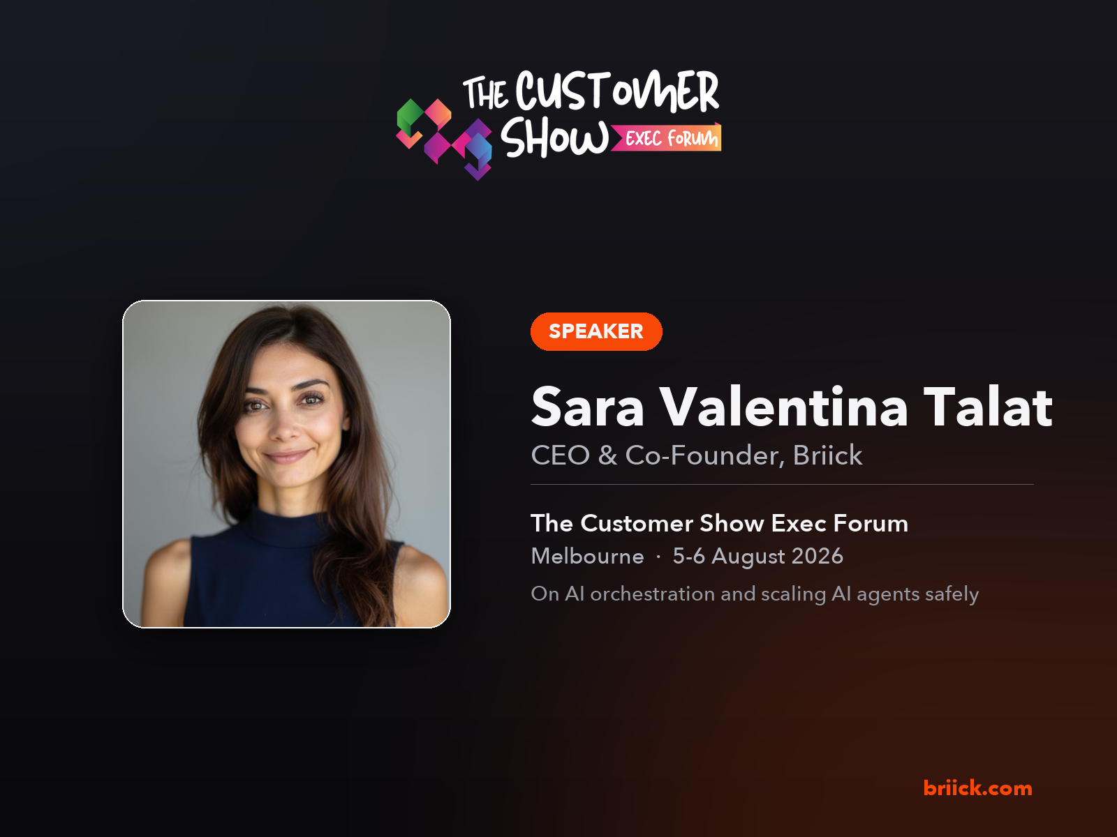 Sara Valentina Talat, CEO and Co-Founder of Briick, speaking at The Customer Show Exec Forum 2026 in Melbourne