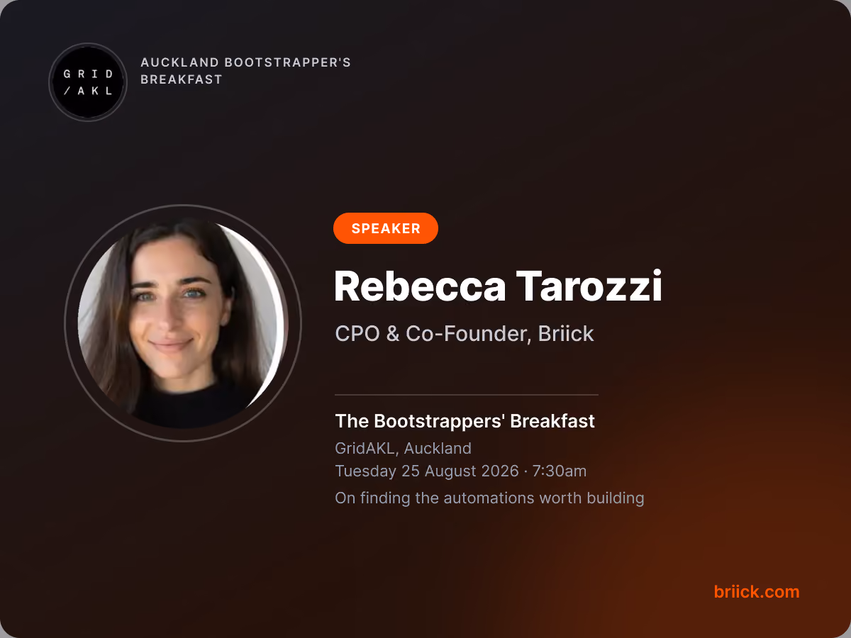 Rebecca Tarozzi, CPO and Co-Founder of Briick, guest speaker at the Auckland Bootstrappers' Breakfast at GridAKL