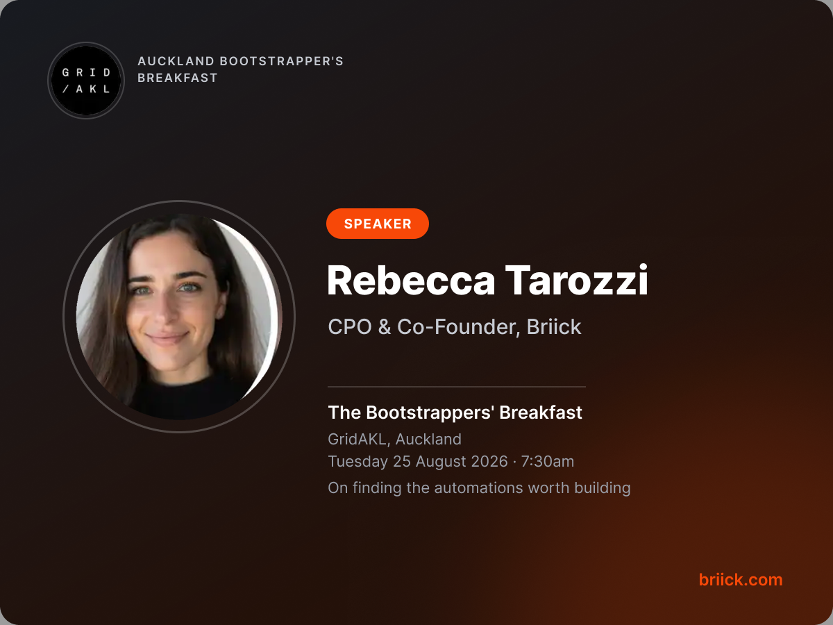 Rebecca Tarozzi, CPO and Co-Founder of Briick, guest speaker at the Auckland Bootstrappers' Breakfast at GridAKL