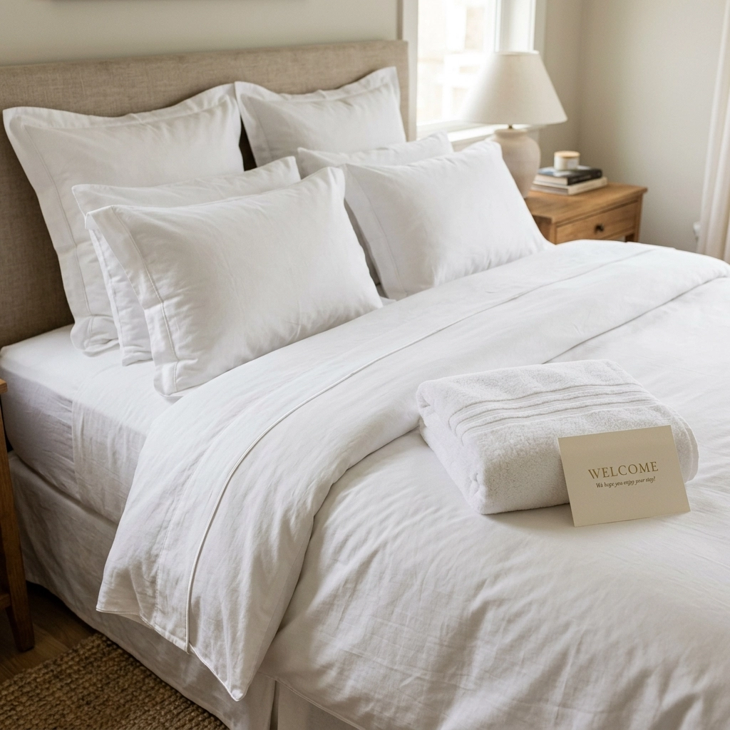 Close-up of crisp white linens and a welcome card on a luxury rental bed