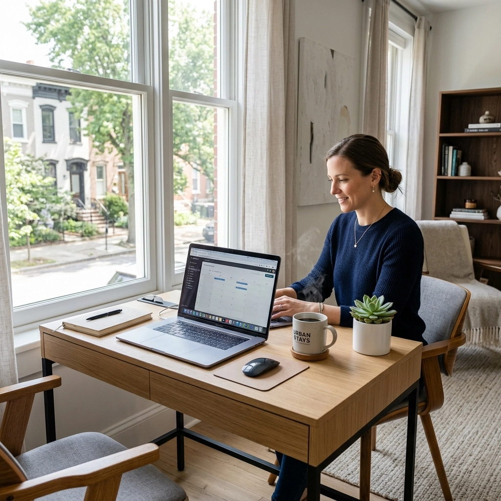A bright and airy home office corner in a luxury rental, perfect for corporate travelers