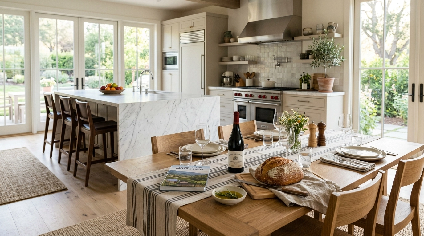 A beautifully set dining table in a spacious kitchen, featuring a local guidebook and wine