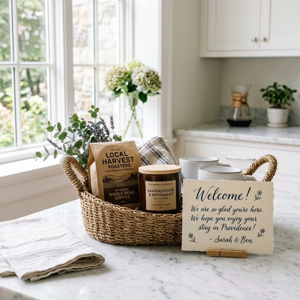 A luxury welcome basket featuring local coffee and artisanal goods, highlighting the creative touch of professional management.