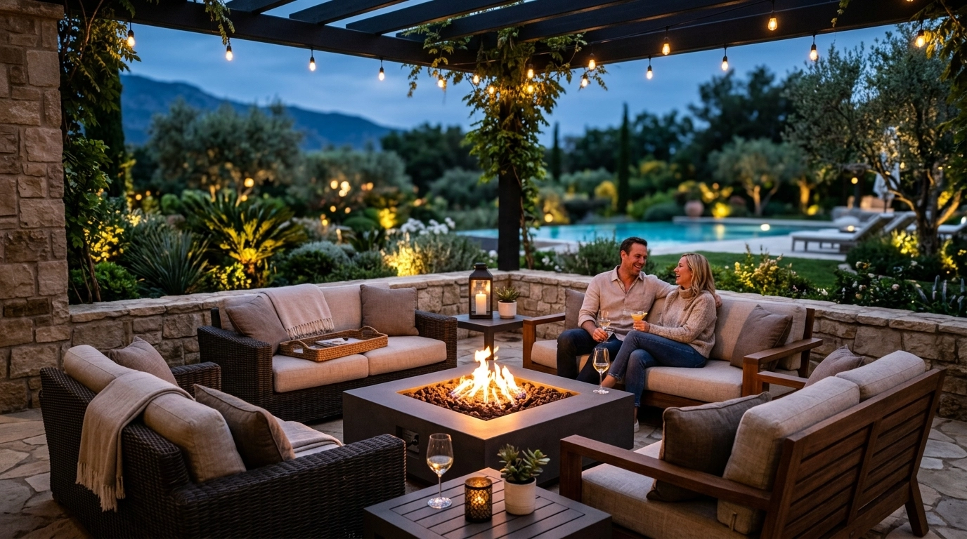 A stylish outdoor lounge and fire pit area, perfect for guests seeking a luxury experience.