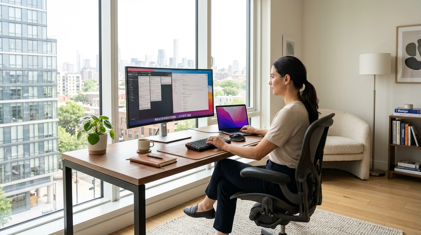A professional home office setup within a luxury rental, designed for the modern corporate traveler.
