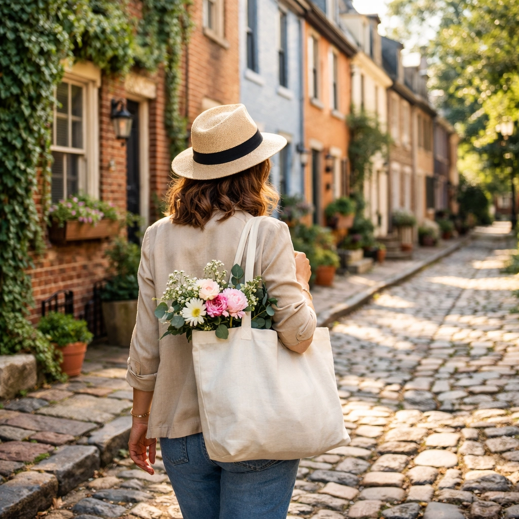 A Stylish Woman Walking in a Charming Neighborhood