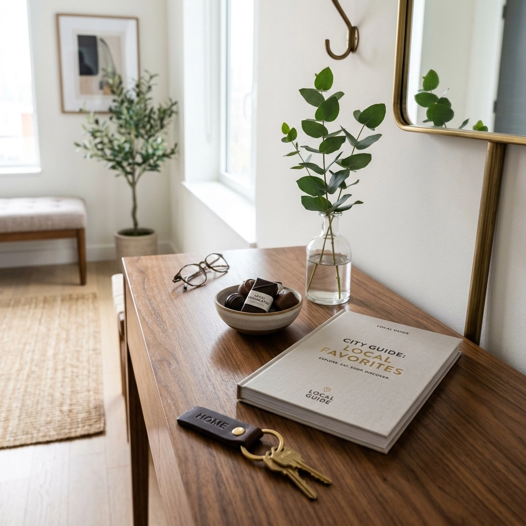 A Local Guidebook and Keys on an Entryway Table
