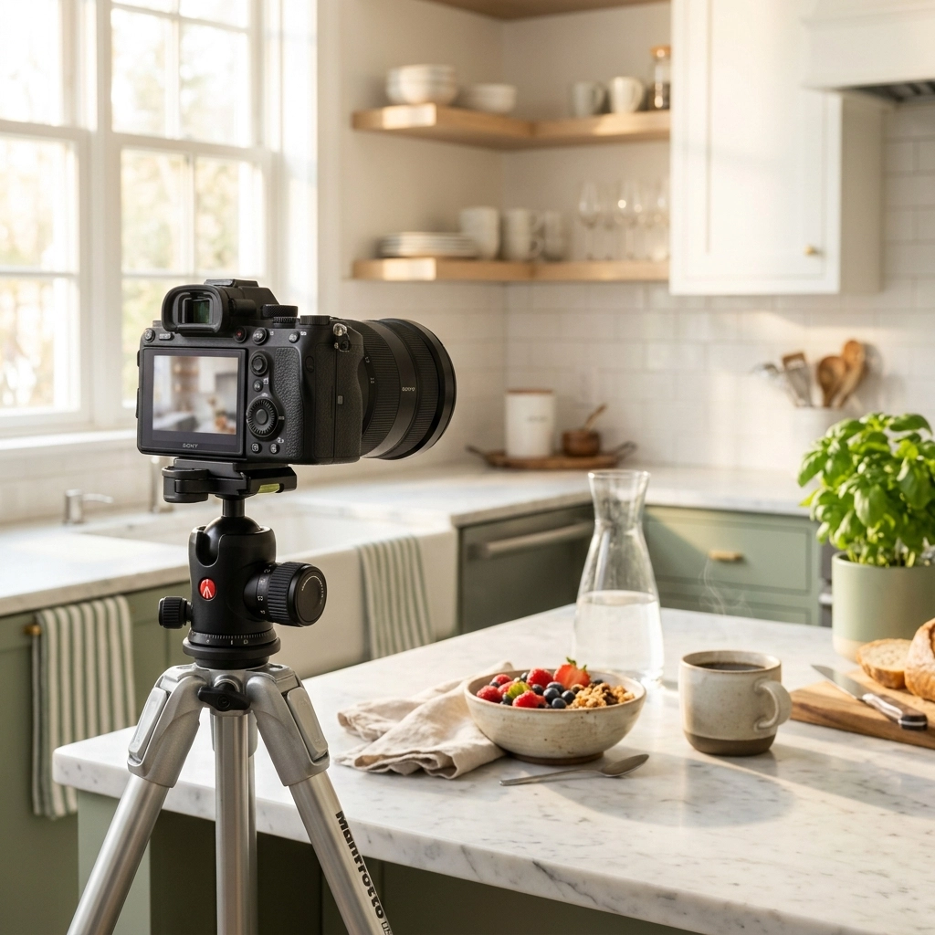 A professional camera on a tripod in a sun-drenched modern kitchen, highlighting the importance of high-end photography for short-term rental marketing.