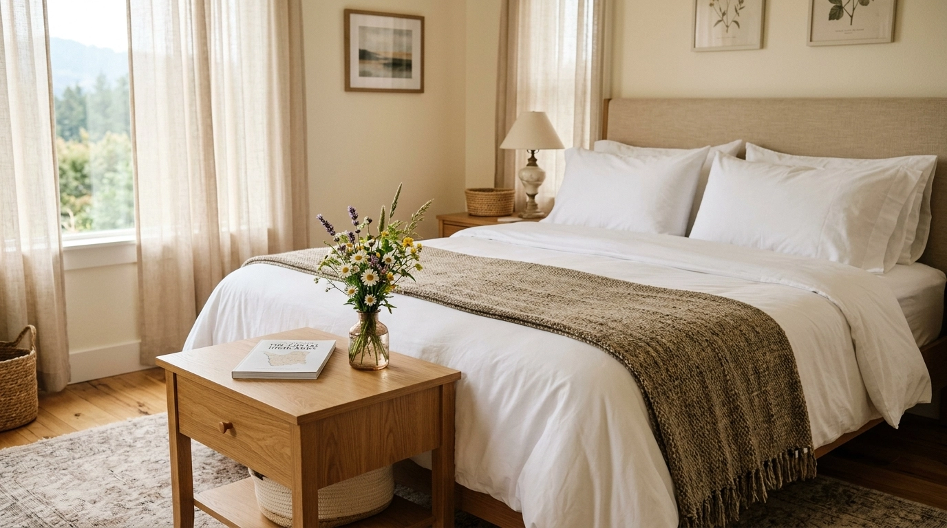 A beautifully styled bedroom with crisp white linens and a local travel guide, showing the attention to detail required for a five-star guest experience.