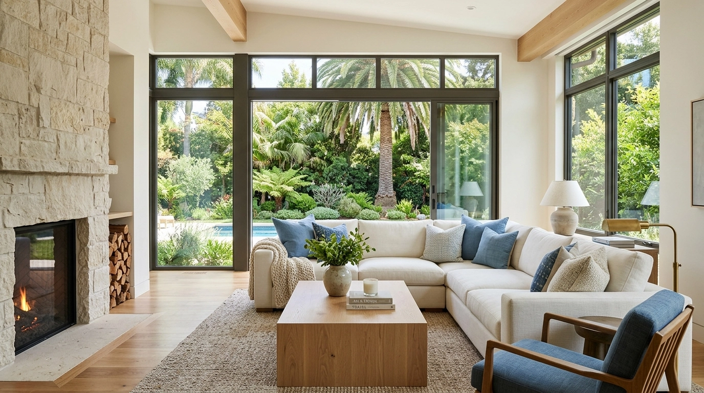 A high-resolution, natural-light photograph of a bright and airy luxury living room in a modern vacation rental, featuring a large window, plush white sofa, and sophisticated atmosphere.
