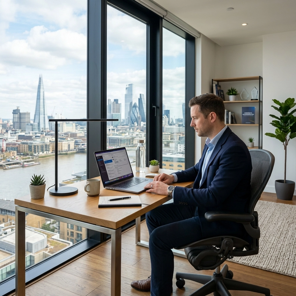 A dedicated workspace in a bright modern apartment with a city view, tailored for business executives and relocation stays.