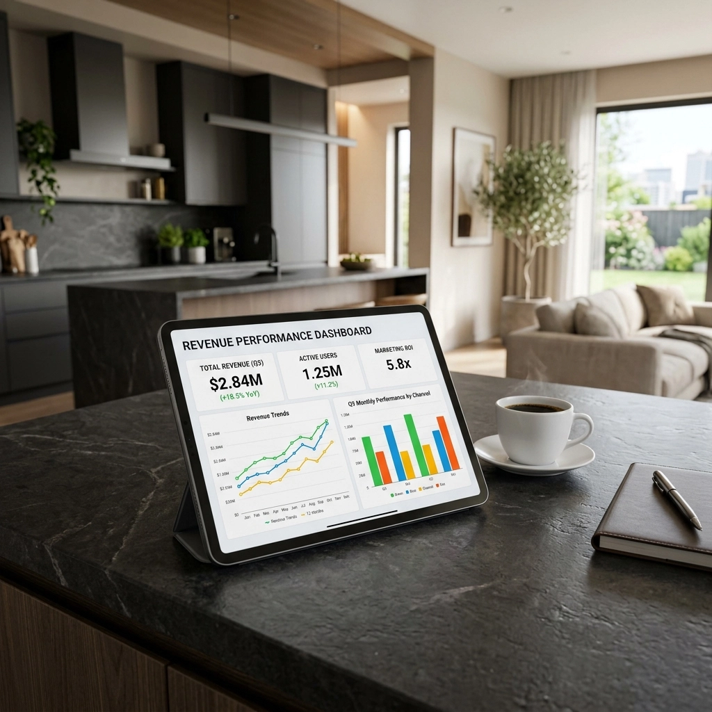 A modern tablet displaying a revenue dashboard with performance charts, representing the data-driven approach to maximizing vacation rental ROI.