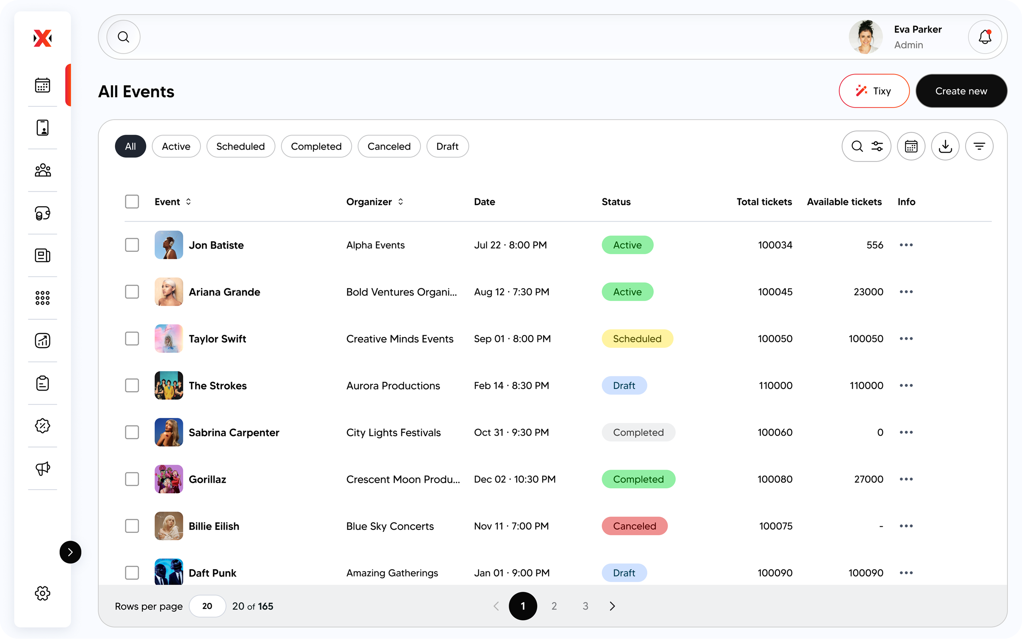Event management dashboard showing a list of music events with details including organizer, date, status, total and available tickets, with status labels like Active, Scheduled, Draft, Completed, and Canceled.