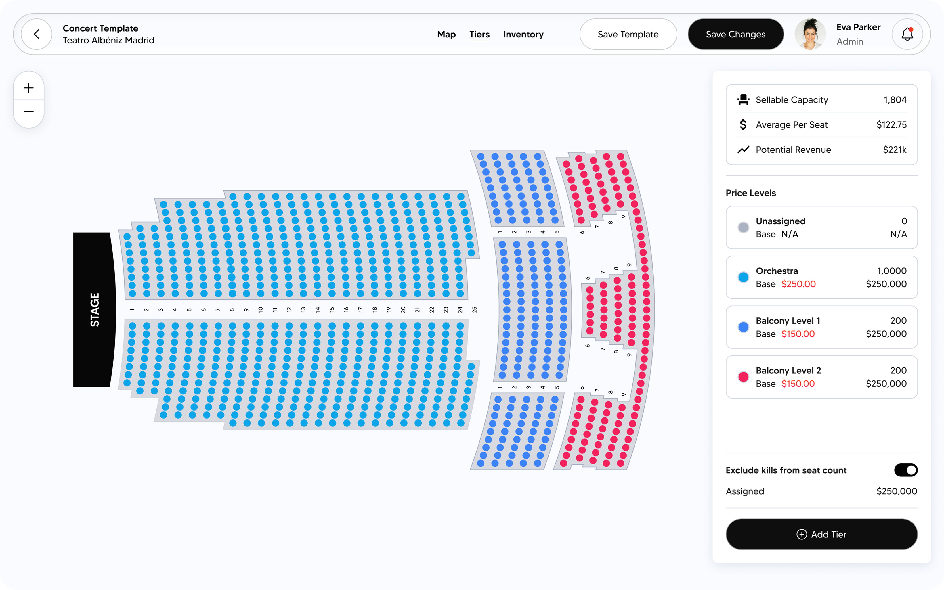 Seating chart for Teatro Albéniz Madrid concert with the stage on the left, showing Orchestra seats in blue, Balcony Level 1 seats in light blue, and Balcony Level 2 seats in pink, alongside a summary panel displaying sellable capacity, average per seat, potential revenue, and price levels.