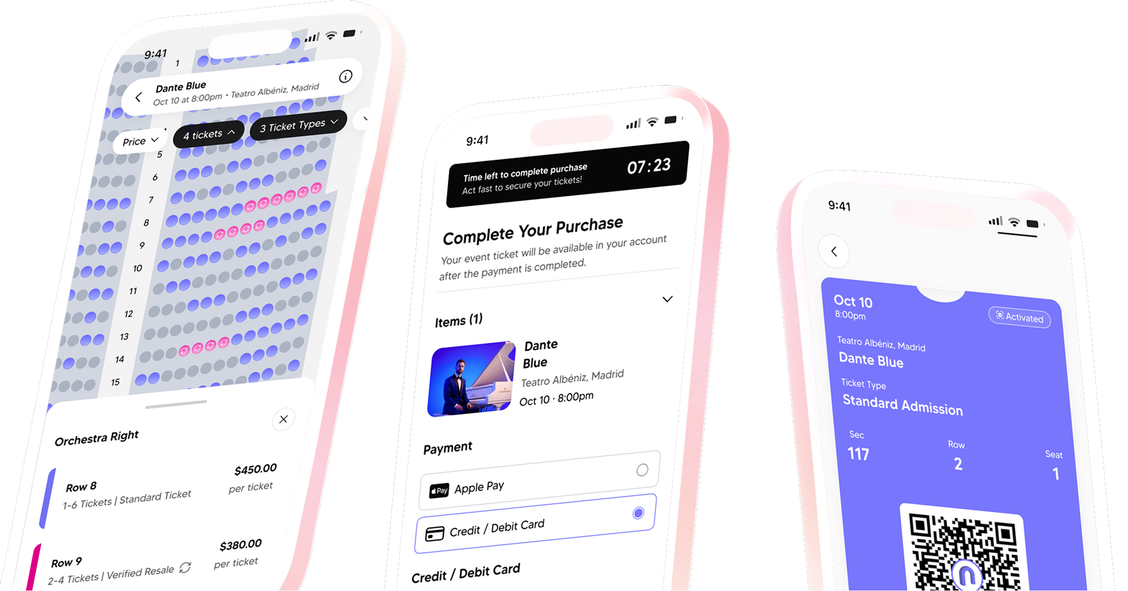Three tilted smartphone screens showing a ticket purchasing app with seat selection, payment options, and a ticket with QR code for Dante Blue concert at Teatro Albéniz, Madrid.