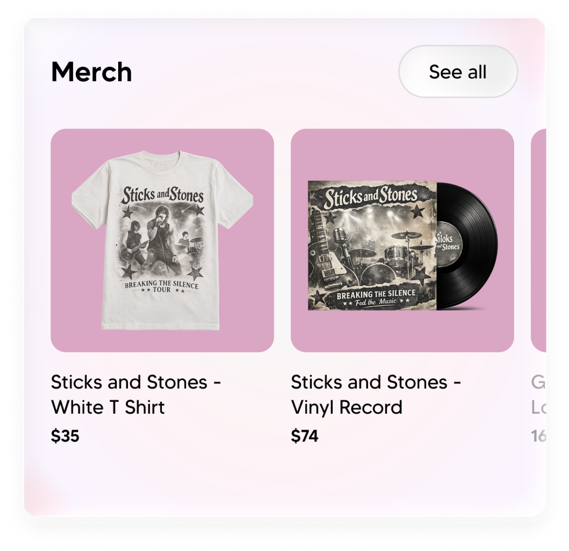 Merch section showing a Sticks and Stones white T-shirt for $35 and a vinyl record for $74.