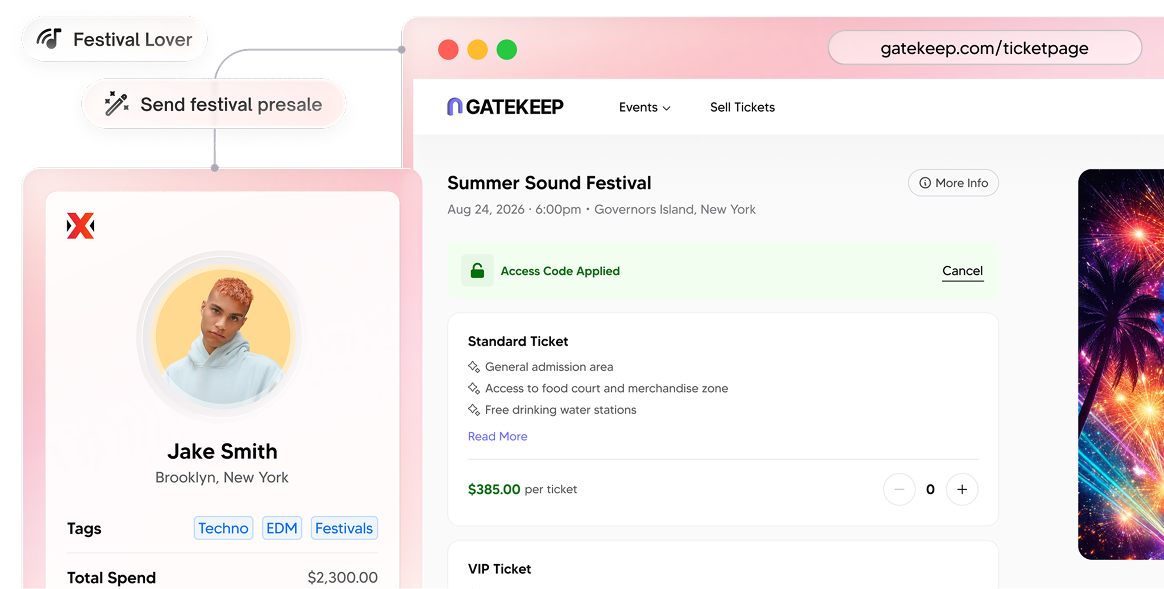 User profile of Jake Smith from Brooklyn tagged with Techno, EDM, Festivals, linked to sending festival presale via Festival Lover app, alongside Summer Sound Festival ticket selection page on Gatekeep website showing standard ticket details for $385.