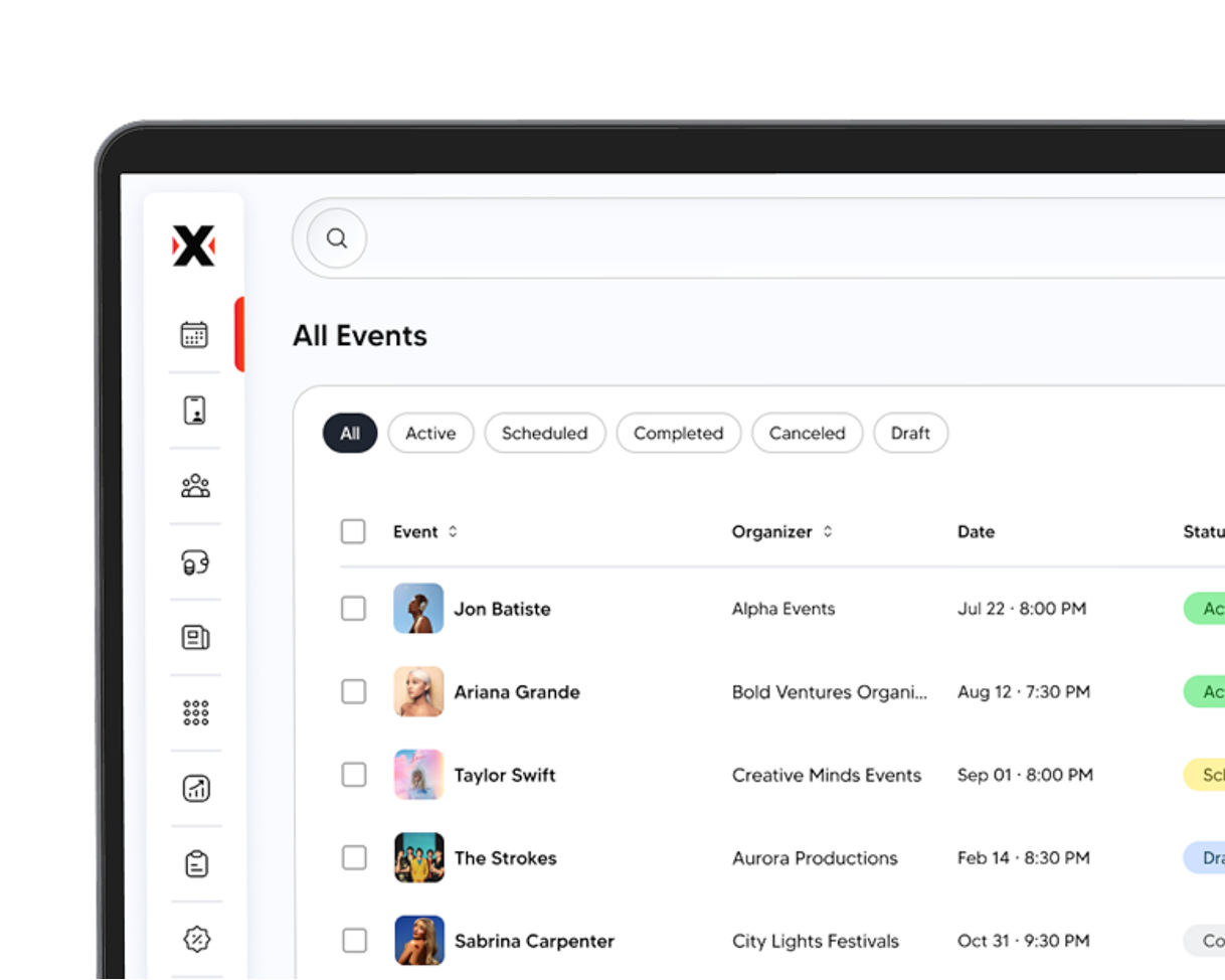 Web interface showing a list of events with performer photos, organizer names, dates, and status filters above.