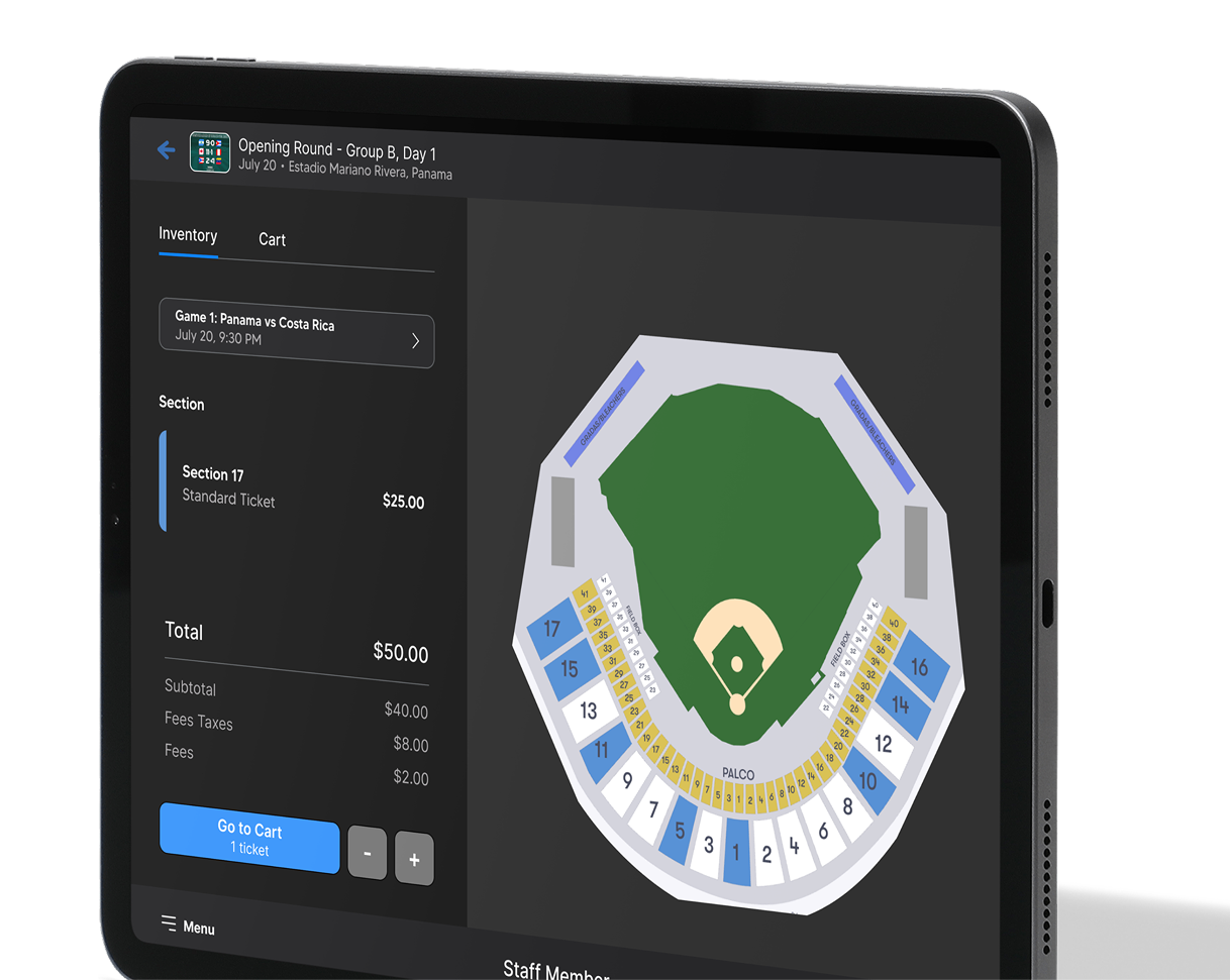 Tablet screen showing a baseball stadium seating chart with selected Section 17 and ticket price details for Panama vs Costa Rica game.