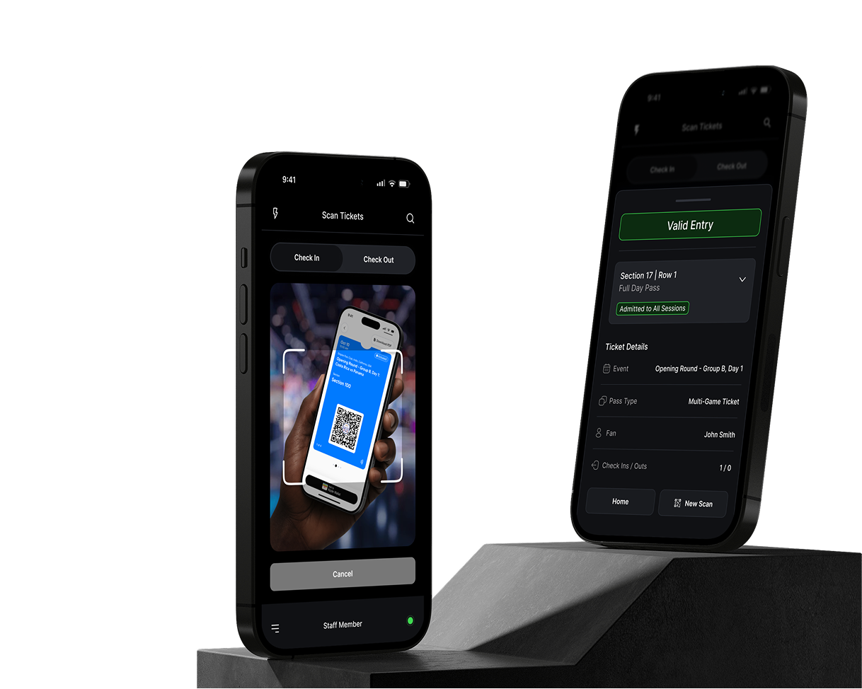 Two black smartphones showing a ticket scanning app, one with a hand holding a phone displaying a QR code for check-in, and the other showing ticket details with a green 'Valid Entry' confirmation.