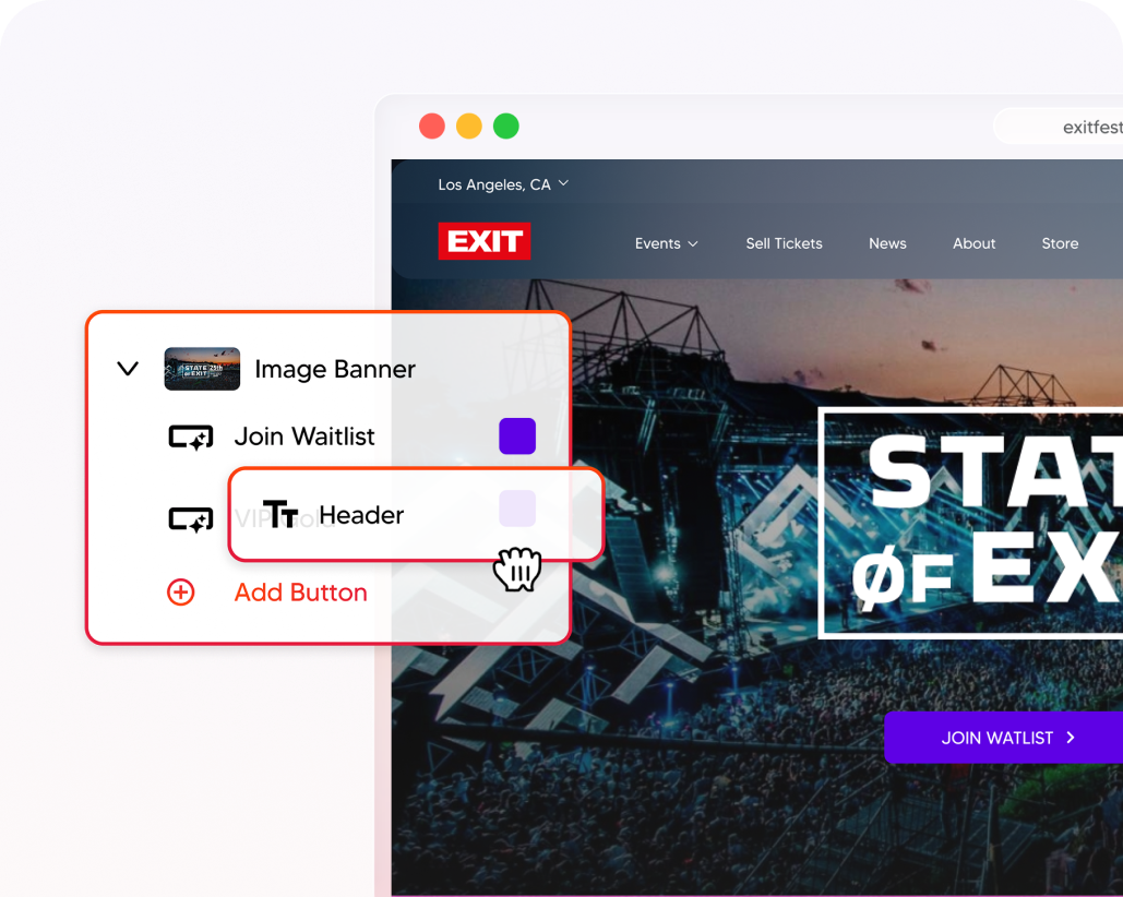 Screenshot of a website editor interface showing options to add or edit Image Banner, Join Waitlist, and Header elements on an event page featuring a concert crowd and stage at sunset.