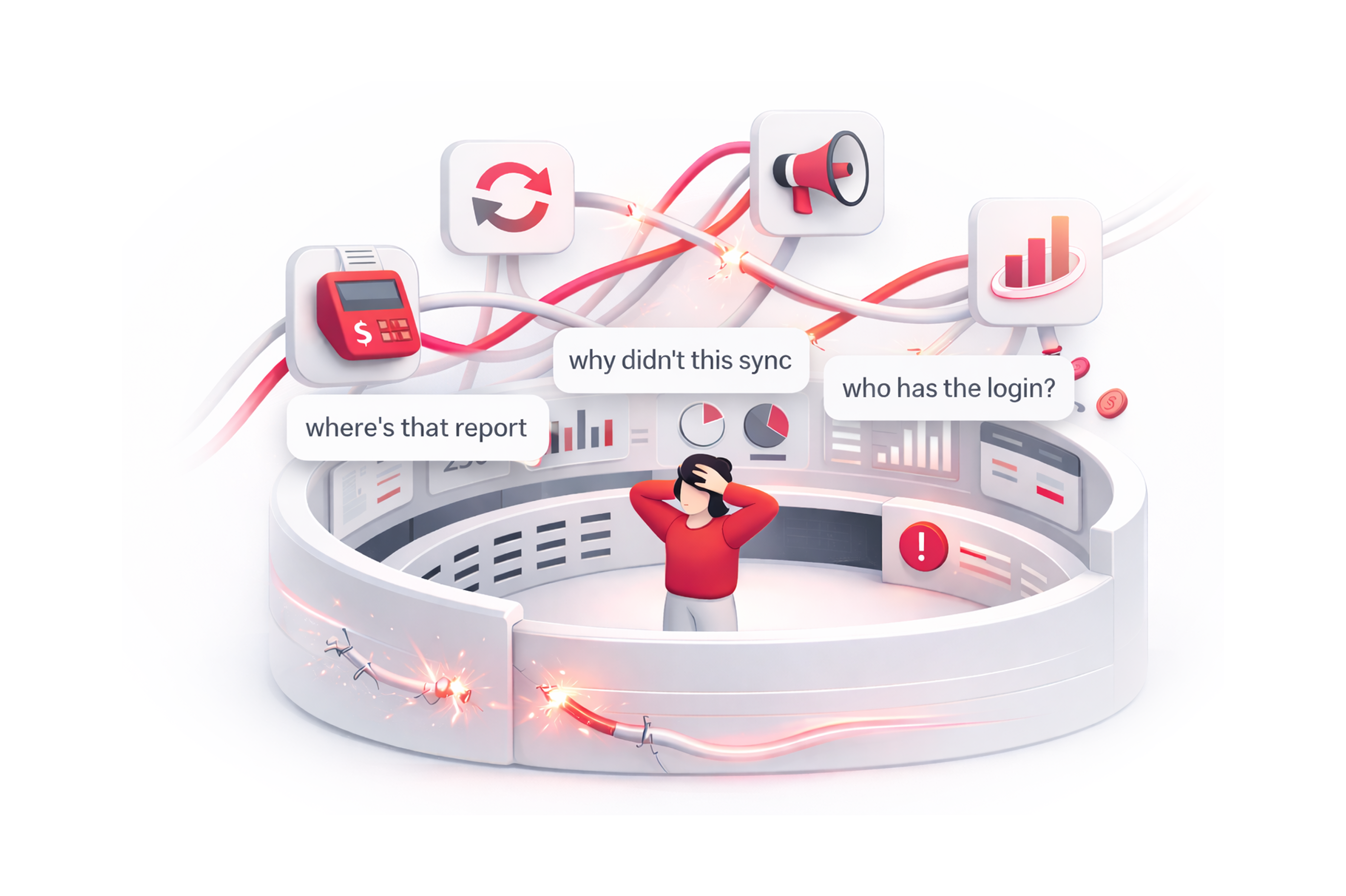 Frustrated person holding their head inside a circular control center with broken, sparking cables and floating icons representing sync, report, login, and alerts.