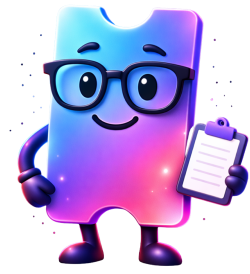 Smiling blue and purple gradient cartoon ticket wearing glasses and holding a clipboard.