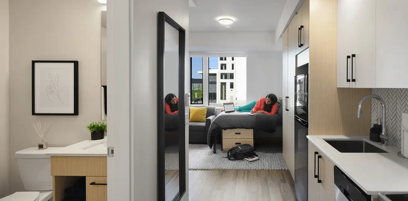 Ottawa university student is studying alone at the Revalie Ottawa student housing suite studio