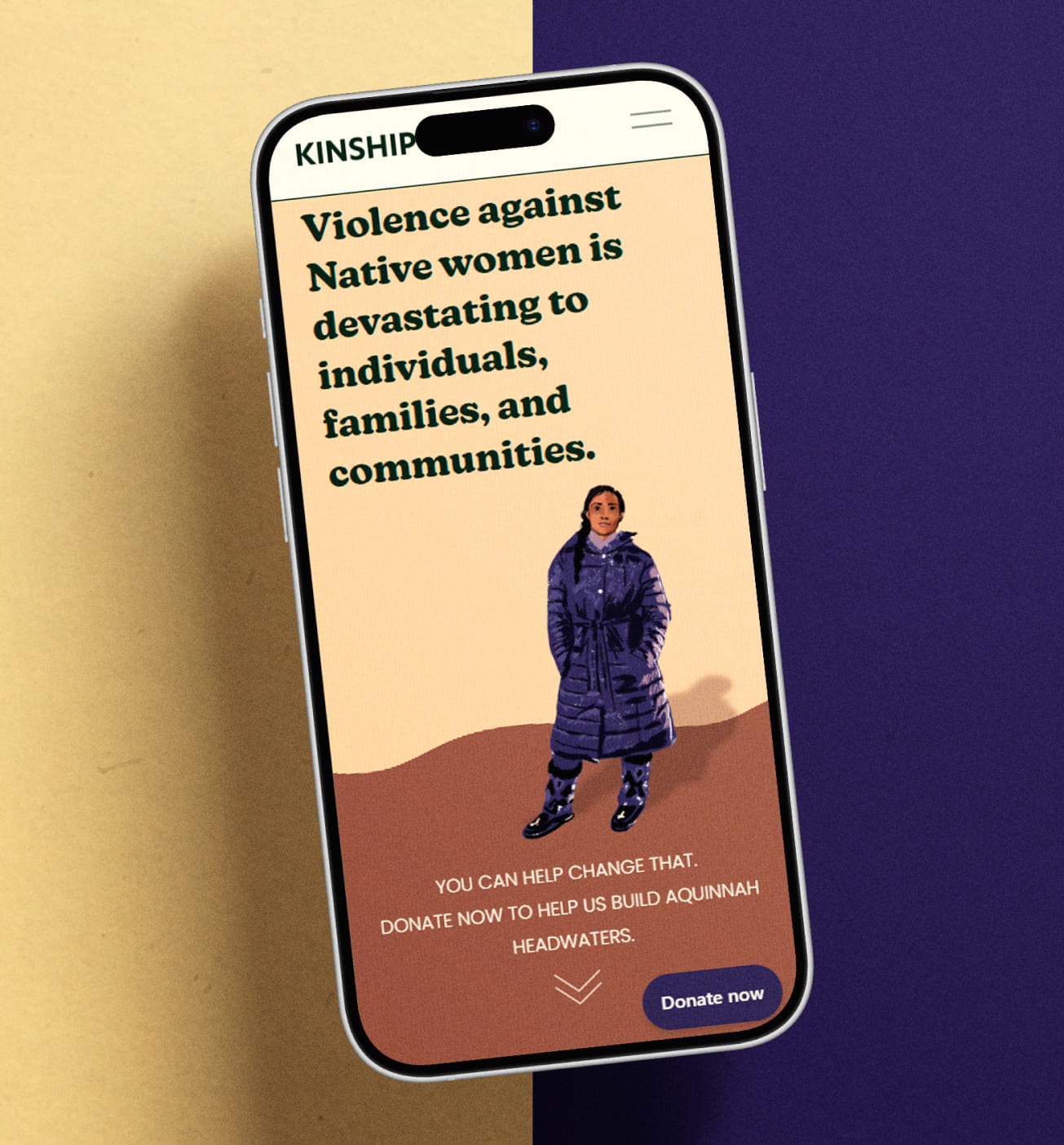 A smartphone displaying a "KINSHIP" webpage with an illustration of an Indigenous woman and text about ending violence against Native women.