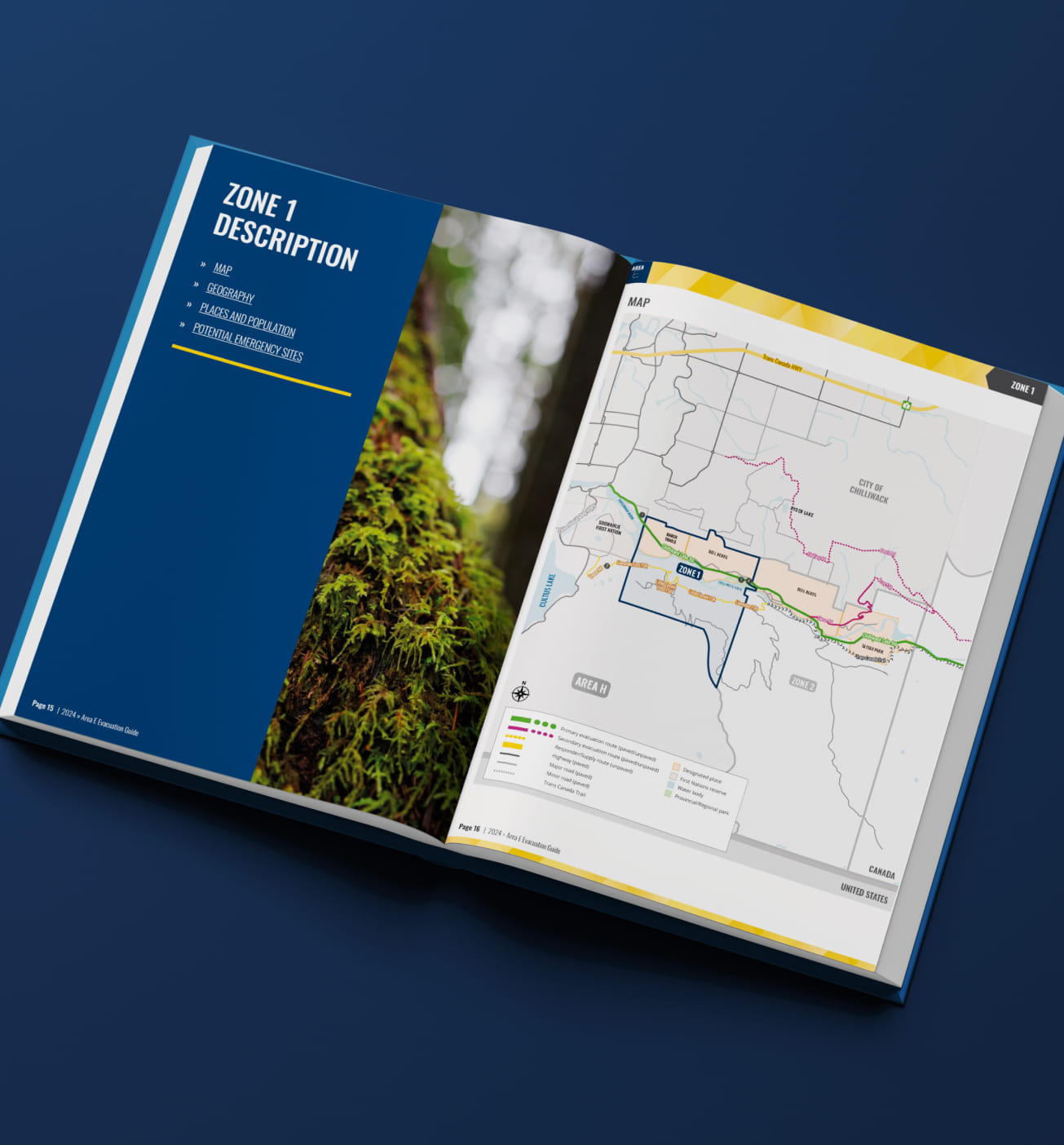 An open evacuation guide brochure showing a "Zone 1 Description" text page next to a detailed regional map of Chilliwack.