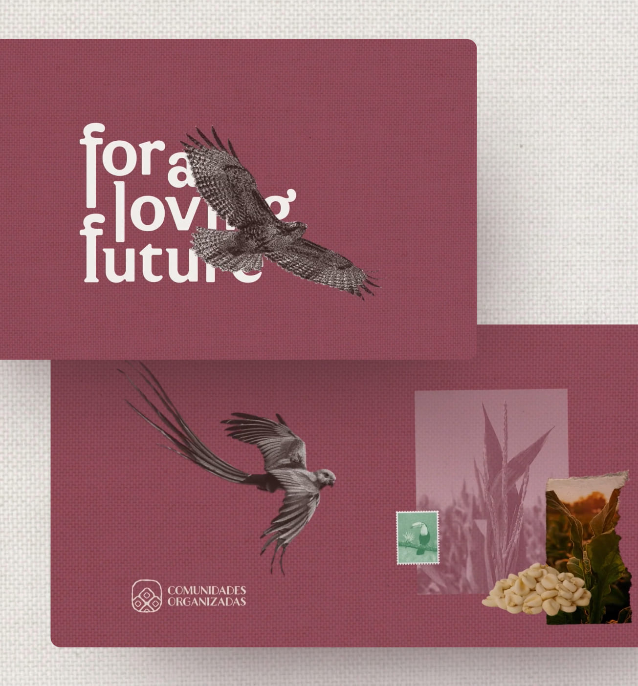 Two maroon cards featuring illustrations of flying birds, a toucan stamp, and the text "for a loving future".
