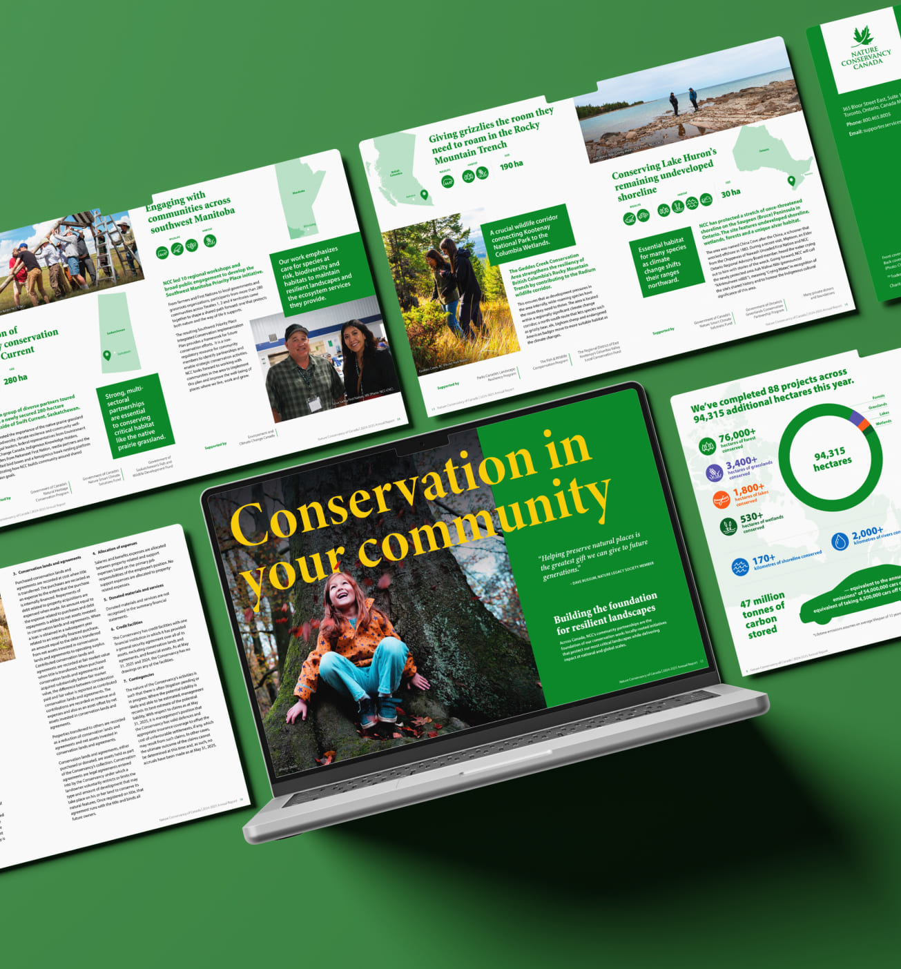 A laptop and printed brochures displaying the Nature Conservancy Canada annual report with conservation data, maps, and photos on a green background.