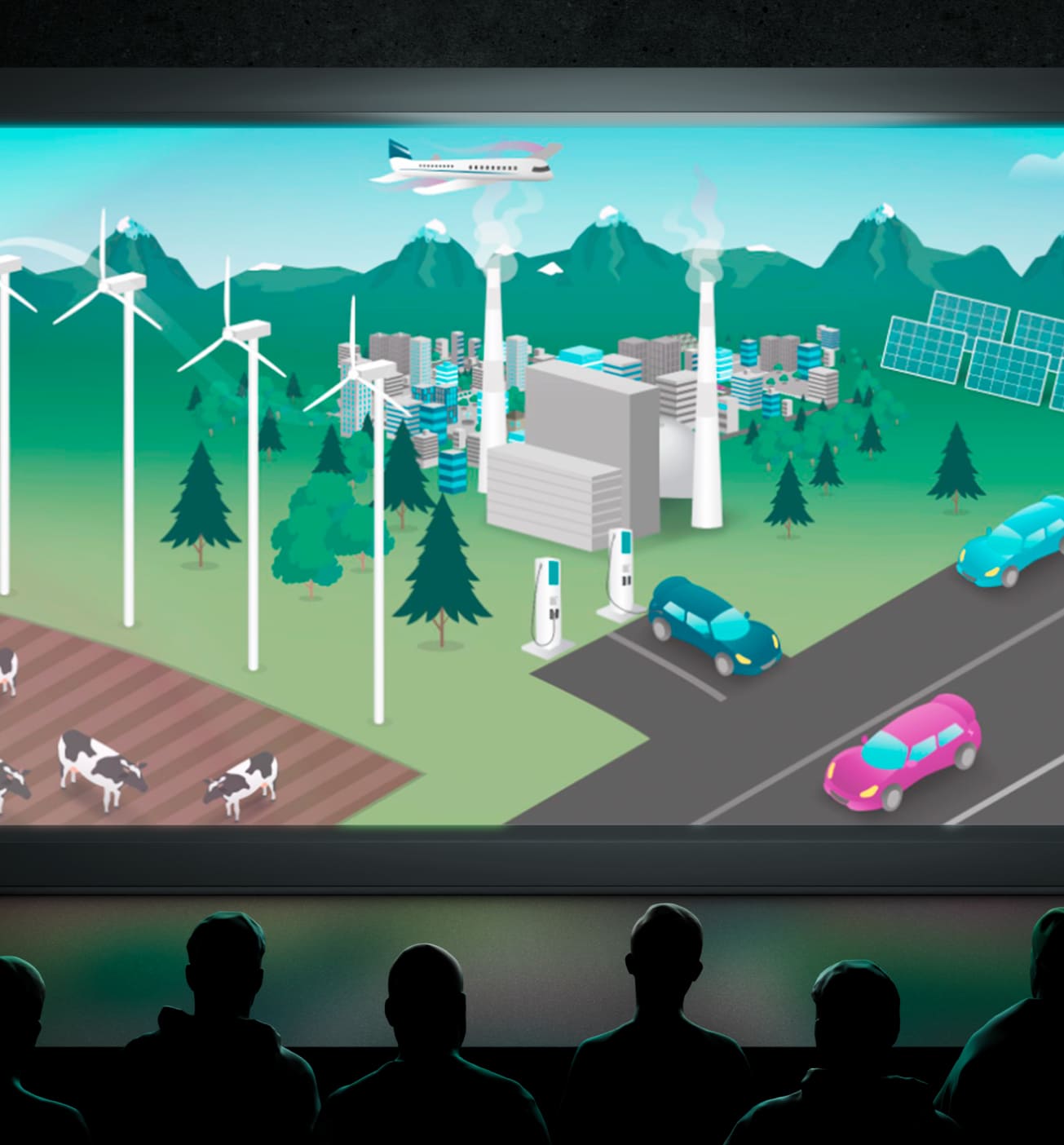 A dark theater audience watching a large screen that shows a stylized illustration of a green city powered by wind and solar energy.