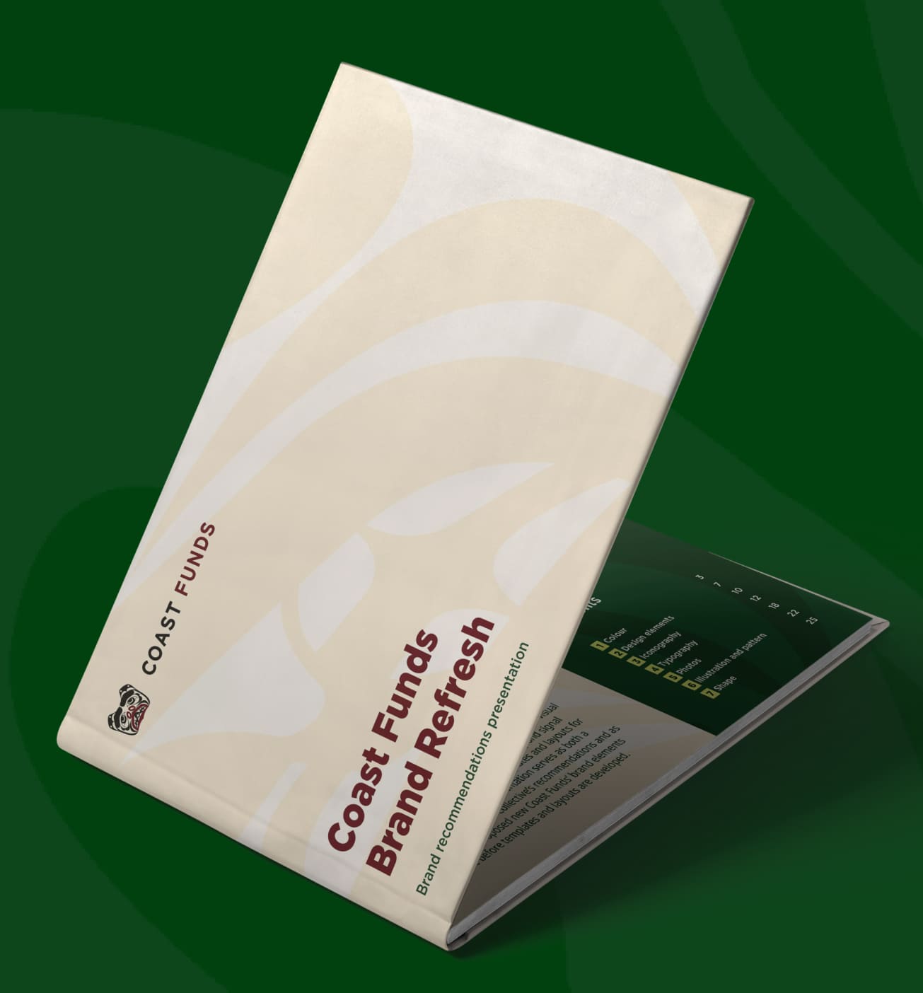 Printed Coast Funds brand presentation mockup featuring a minimalist cover design with organic shapes on a green background.