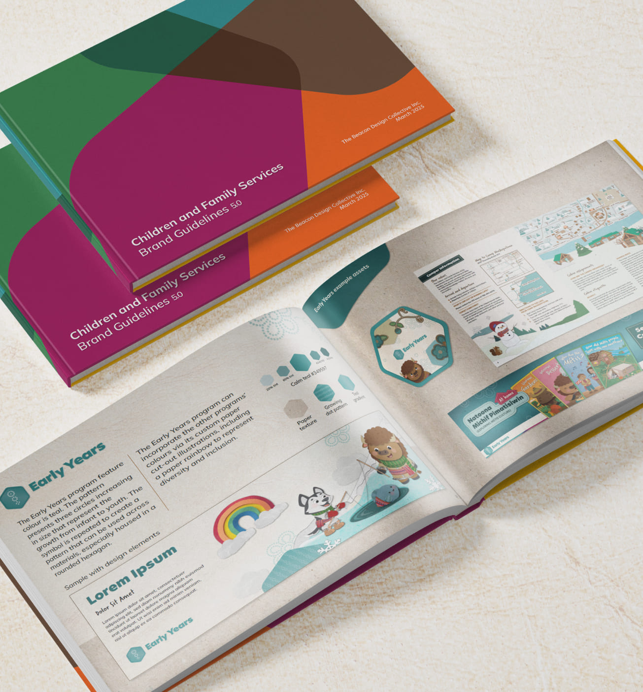 Open and closed brand guideline books for Children and Family Services, showcasing color palettes, illustrations, typography, and brand application examples.