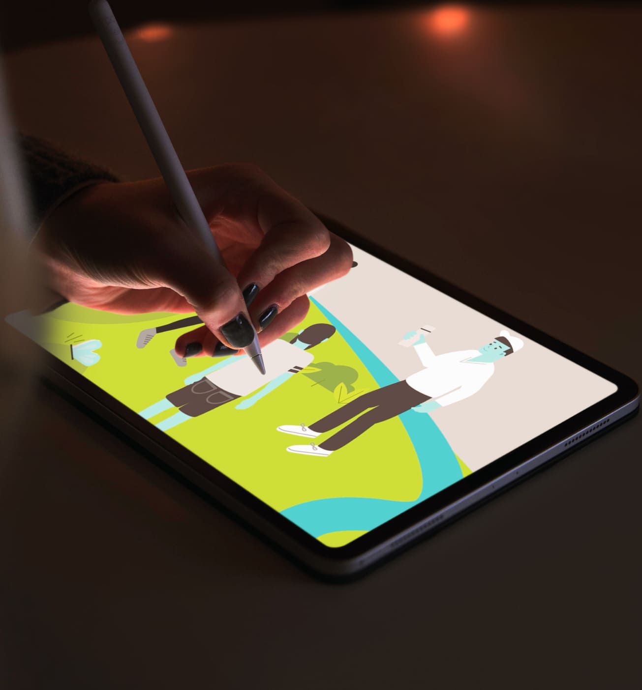 Hand using a stylus to create a colorful vector illustration on a tablet, featuring characters in an outdoor setting.