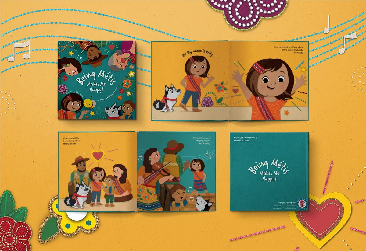 The cover, two open pages and the back of the book "Being Métis Makes Me Happy!". The illustrations feature a young Métis girl and her family. The artwork is done in a colorful, cut-out paper style.