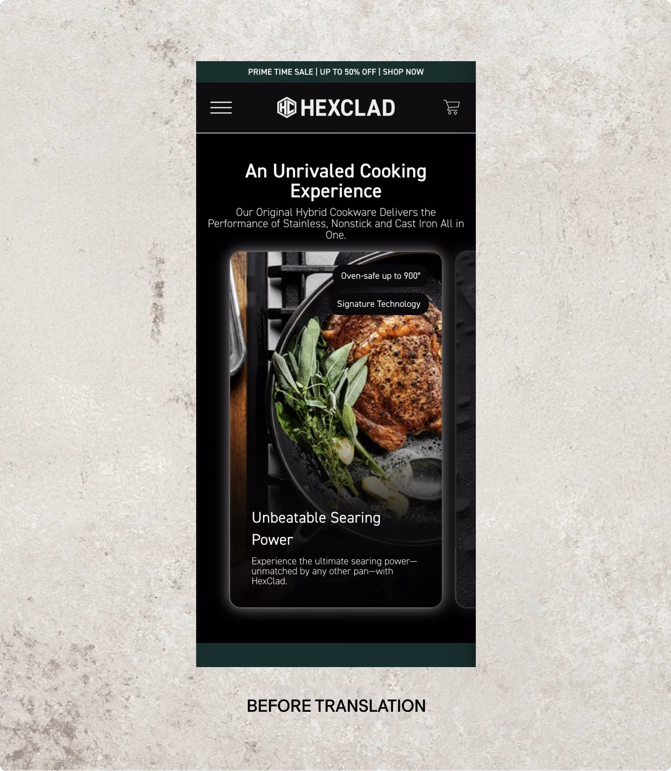 Página de producto móvil de HexClad en inglés, antes de la traducción: An Unrivaled Cooking Experience