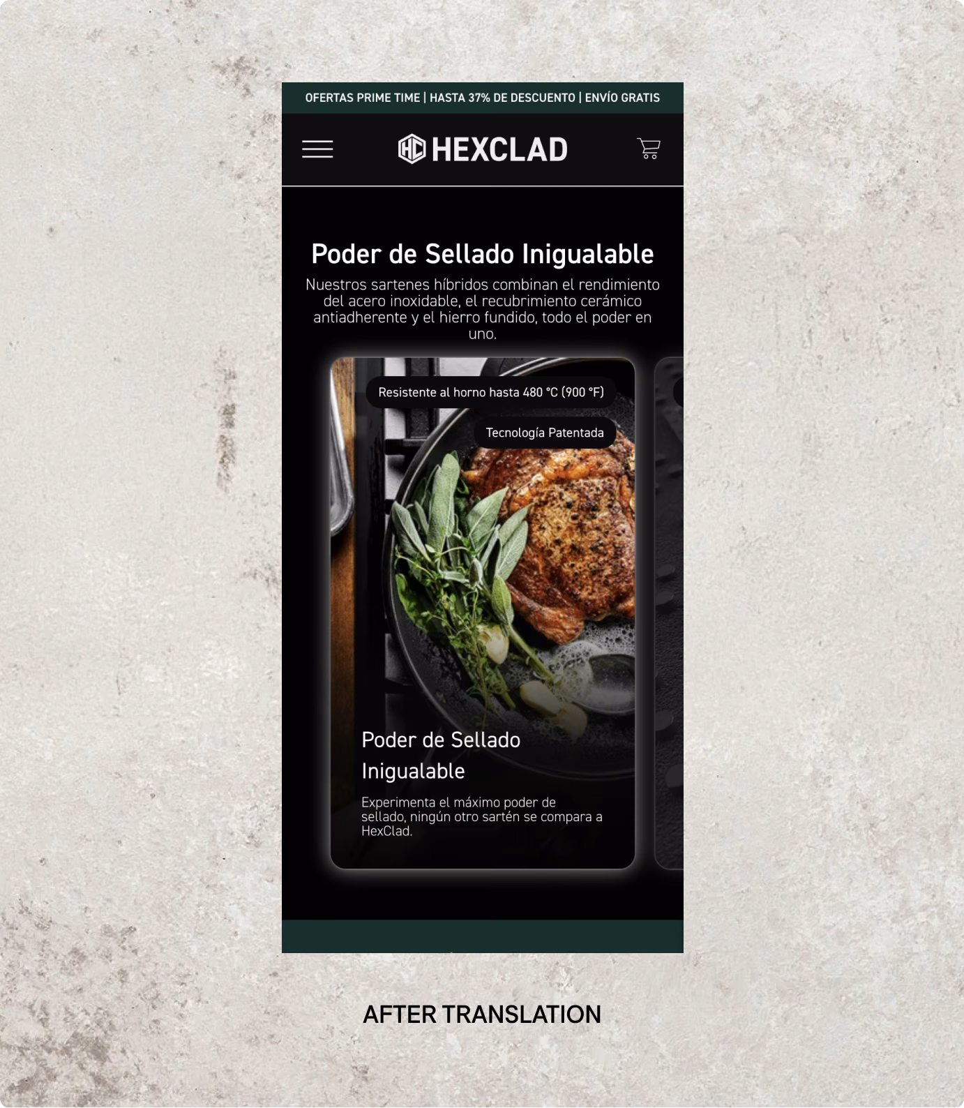 La misma página de producto de HexClad transcreada al español: Poder de Sellado Inigualable