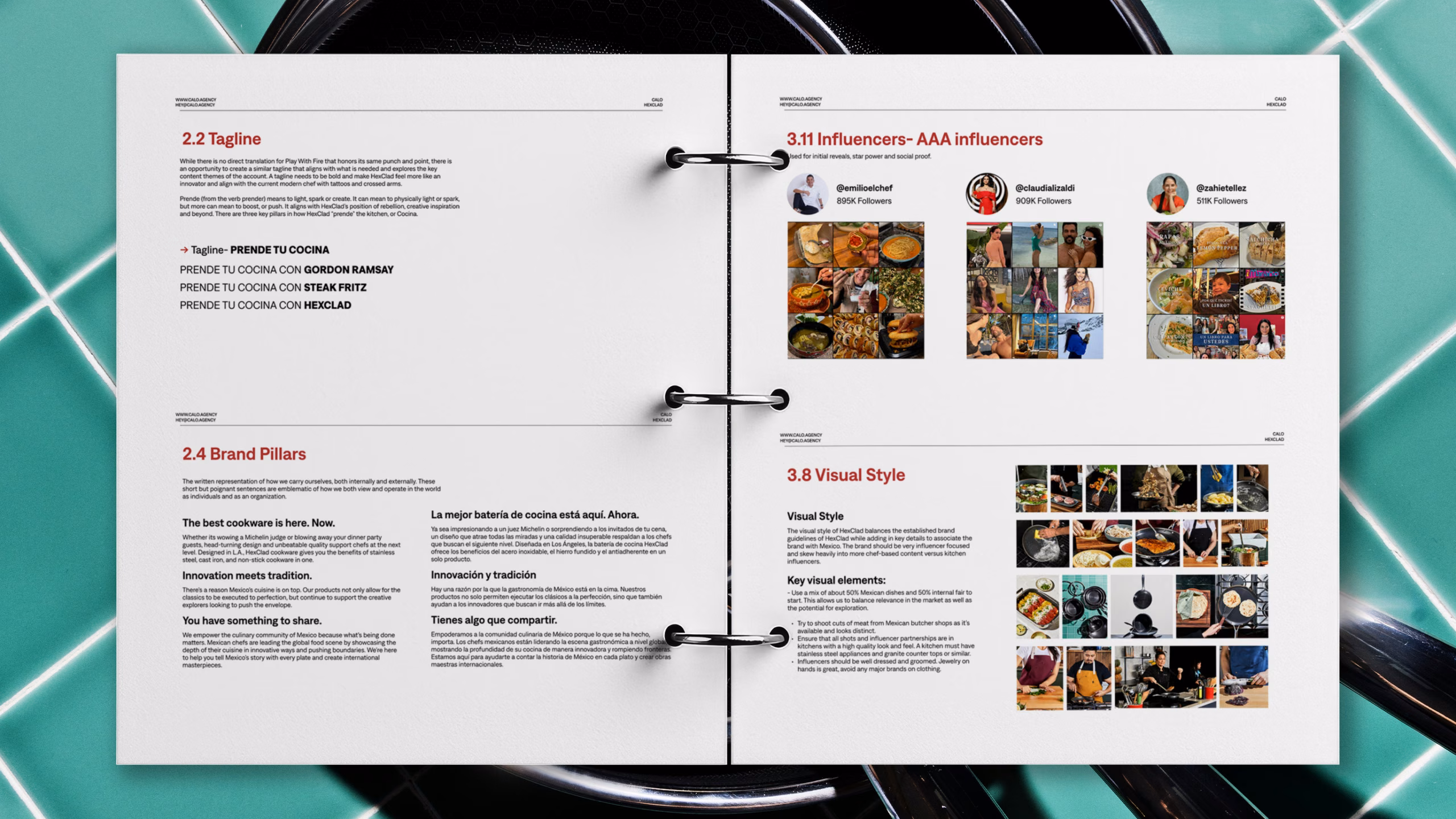 Páginas del brand book de HexClad México: el eslogan “Prende tu cocina”, pilares de marca, influencers AAA y estilo visual