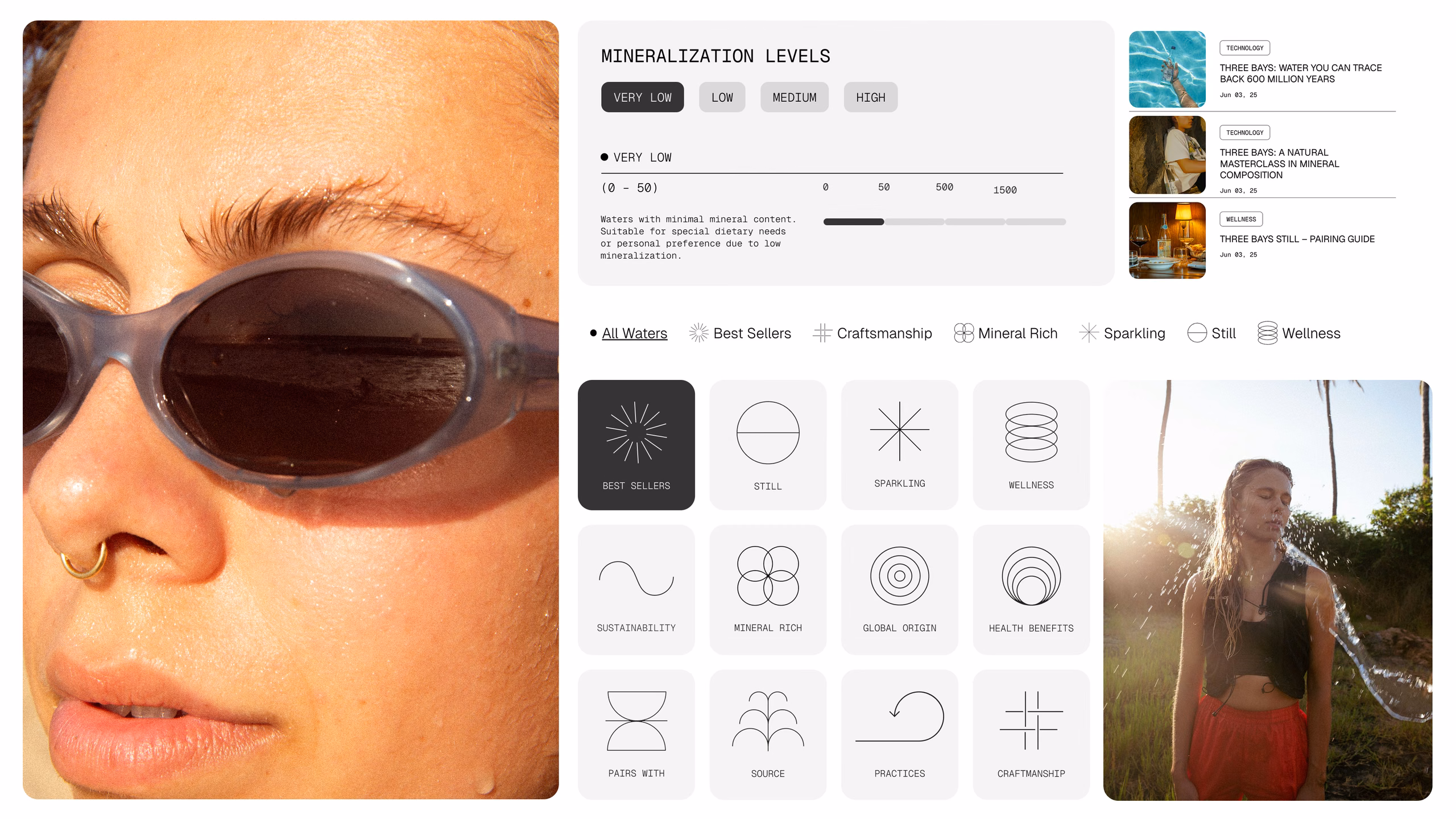 Collage de marca de Sip: retrato con lentes de sol, el selector de niveles de mineralización, la cuadrícula de íconos a la medida y una mujer salpicándose agua