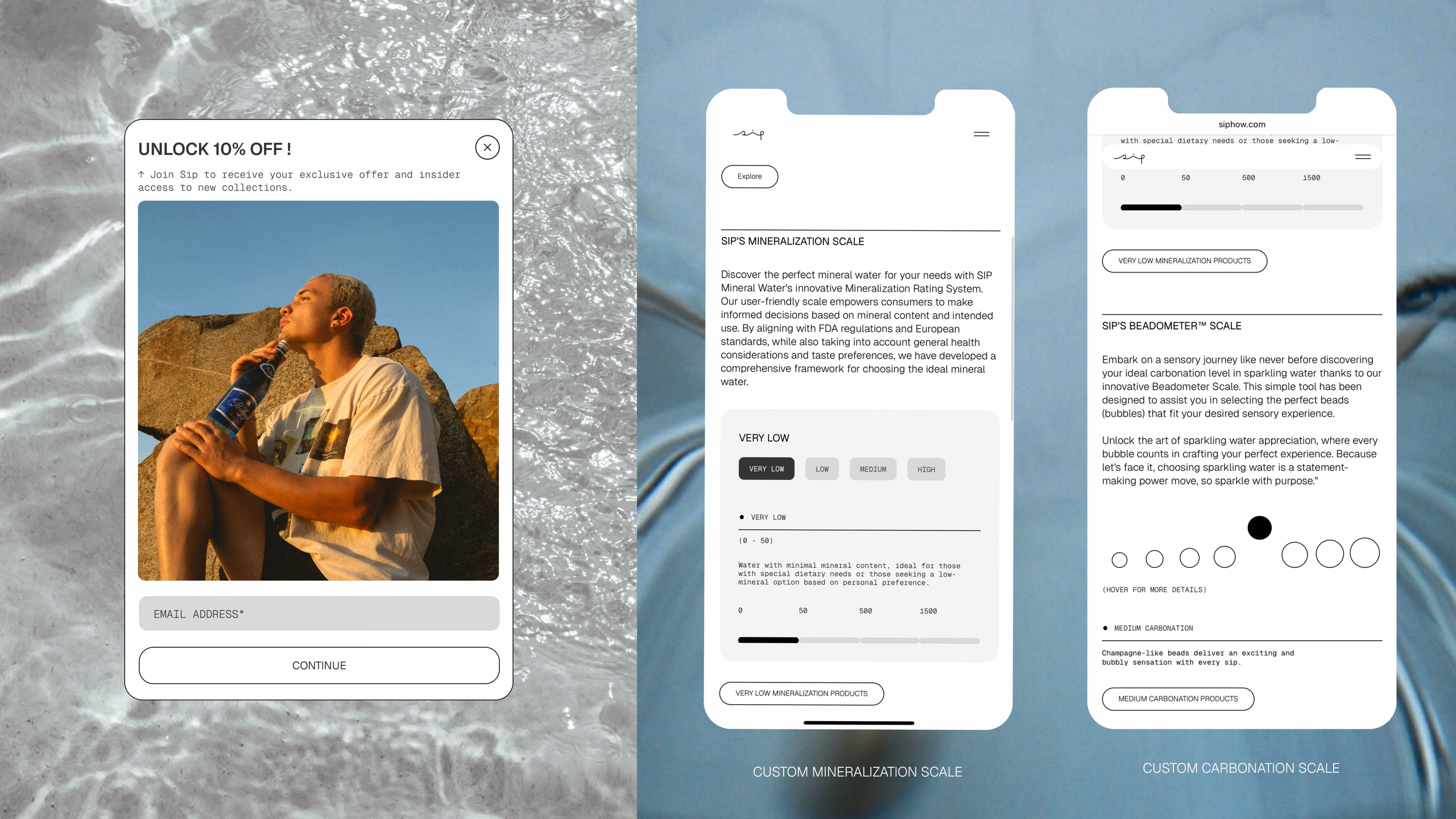 Herramientas web a la medida de Sip en móvil: pop-up de 10% de descuento, la escala de mineralización y la escala de carbonatación Beadometer™