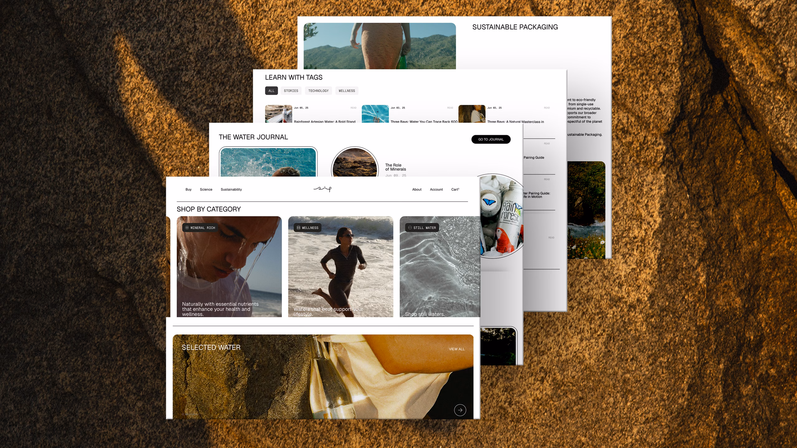 Páginas del sitio Shopify de Sip apiladas, con Shop by Category, The Water Journal y Sustainable Packaging, sobre una textura de piedra arenisca