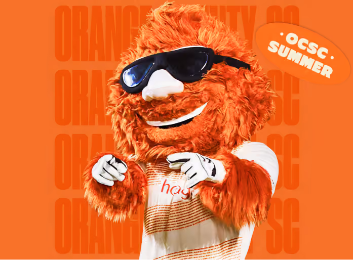 OCSC summer poster with the furry orange mascot in sunglasses