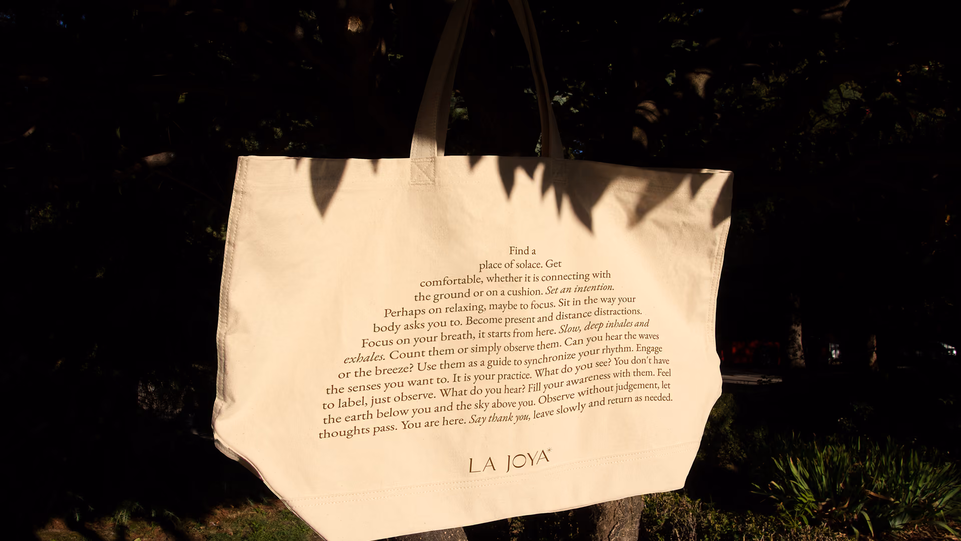La Joya canvas tote printed with a poem, at night