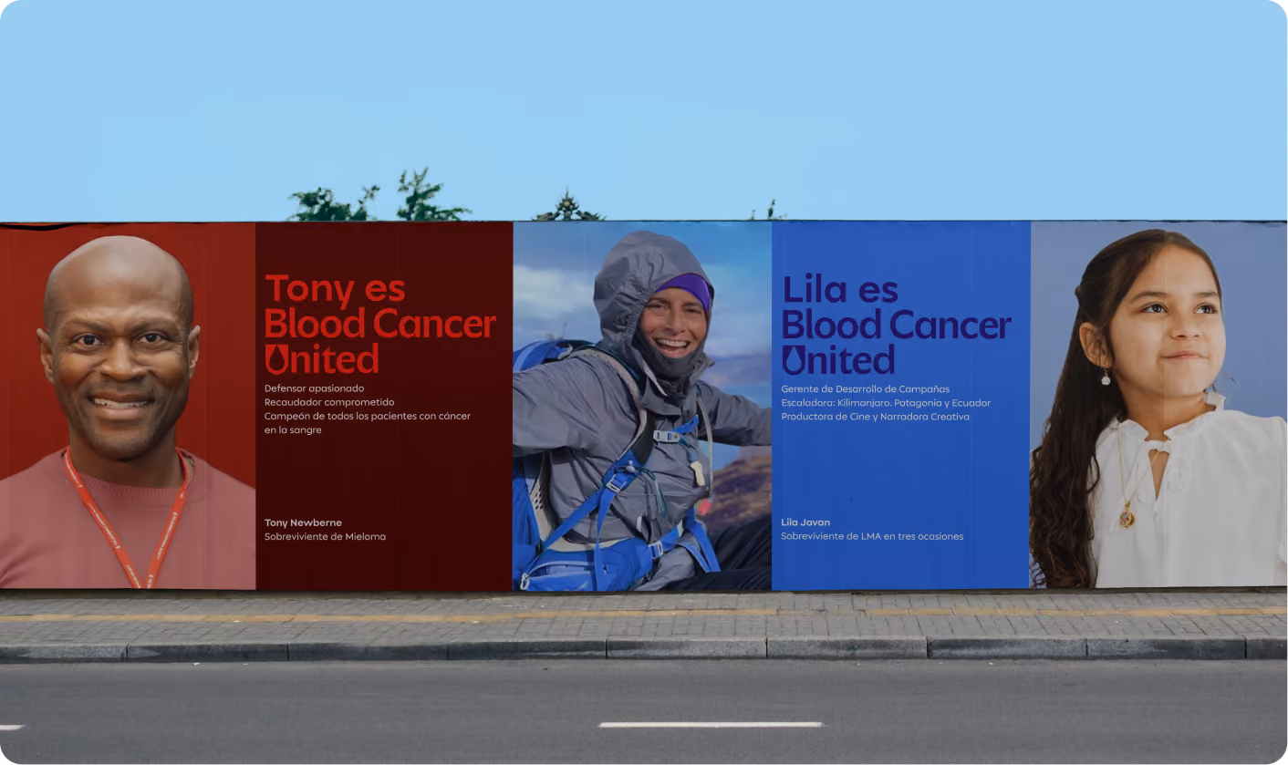 Retratos de Blood Cancer United en parabuses — 'Tony es… Lila es…'